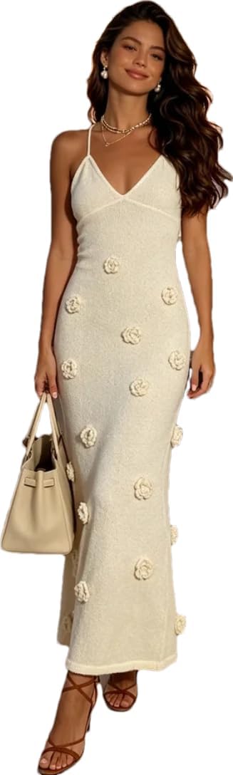 Women's Knit Maxi Dress Spaghetti Strap Floral Dresses Bodycon Knitted Beach Long Dress Backless Swim Cover up Dresses