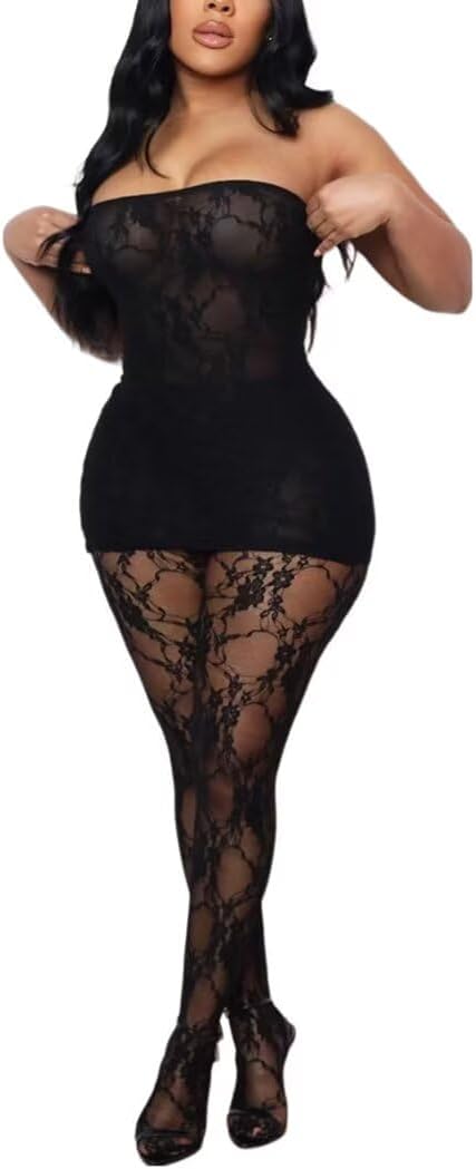 Kafiloe Women Sexy 3 Piece Lace Mini Dress Stocking Set Club Outfit | Birthday Club Outfits, Sexy Lace Mini Dress, Sheer Stockings, Gloves, Flattering Fit, Stretch Comfort for Party Going Out