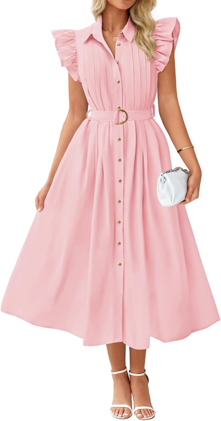 ZESICA Womens Summer Button Midi Dress Casual Work Dresses | Belted Dress,Button Down,Flutter Short Sleeve Dress with Pockets,Travel Vacation Dress,Business Casual Dress,Fashion Clothes