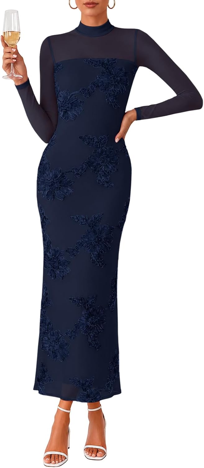 Lazysmile Women's Cocktail Long Sleeve Maxi Fall Wedding Guest Dress | Floral Mesh, Mock Neck Long Sleeve, Bodycon Maxi Dress, Semi Formal Dinner Dress, Wedding Guest Cocktail Party Dresses