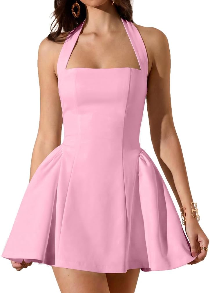 LAGSHIAN Women's Classy Halter Sleeveless Fit and Flare Mini Dress | Sexy Square Neck A-line Homecoming Short Dresses,Summer Cocktail Party,Stretchy,Graduation,Bridal Shower