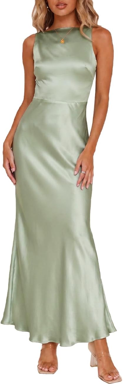 FULLVEB Summer Backless Satin Maxi Dresses for Women 2026 Formal | Silk,Sleeveless,Open Back,Spaghetti Strap,Wedding Guest,Elegant,Cowl Back, Cocktail,Low Back,Midi