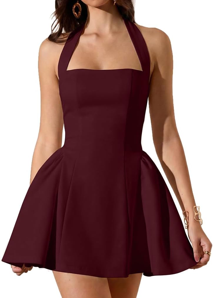 LAGSHIAN Women's Classy Halter Sleeveless Fit and Flare Mini Dress | Sexy Square Neck A-line Homecoming Short Dresses,Summer Cocktail Party,Stretchy,Graduation,Bridal Shower