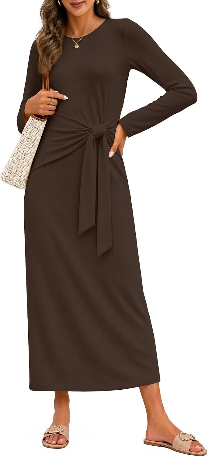 MEROKEETY Women's Fall Long Sleeve Casual T Shirt Work Maxi Dress | Tie Waist, Wrap, Crew Neck, Business Casual, Slim Fit, Long Dress, High Stretch, Fleece-Lined, 2026 Winter, Dressy Trendy