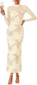 Lazysmile Women's Cocktail Long Sleeve Maxi Fall Wedding Guest Dress | Floral Mesh, Mock Neck Long Sleeve, Bodycon Maxi Dress, Semi Formal Dinner Dress, Wedding Guest Cocktail Party Dresses