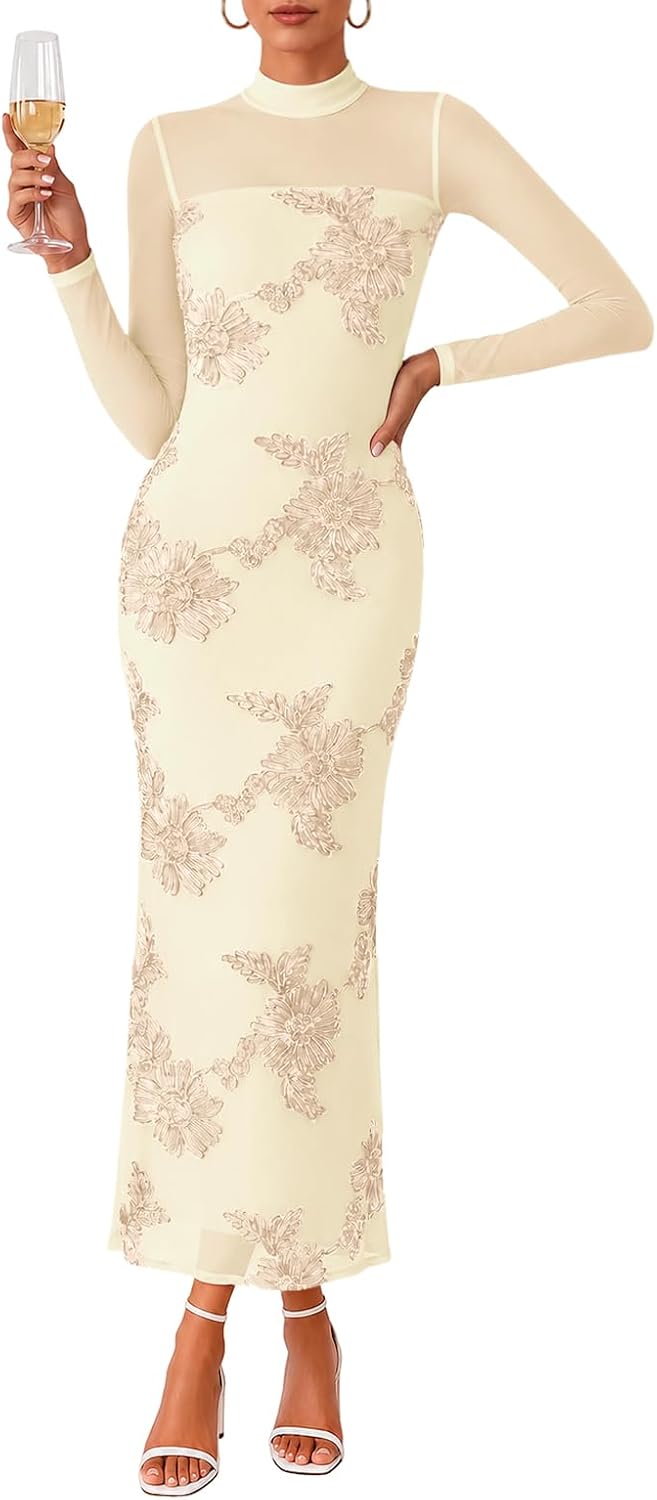 Lazysmile Women's Cocktail Long Sleeve Maxi Fall Wedding Guest Dress | Floral Mesh, Mock Neck Long Sleeve, Bodycon Maxi Dress, Semi Formal Dinner Dress, Wedding Guest Cocktail Party Dresses