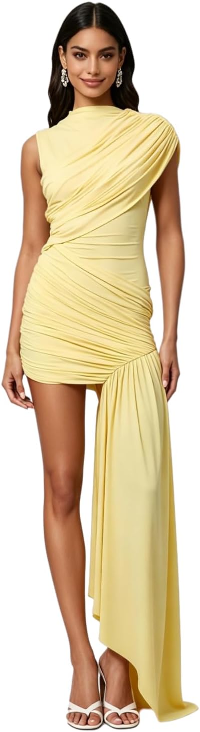 JUMISEE Women\u2019s Elegant Irregular Ruched Mini Dress Flowy Ribbon Bodycon Cocktail Dress Sexy Pleated Formal Dresses