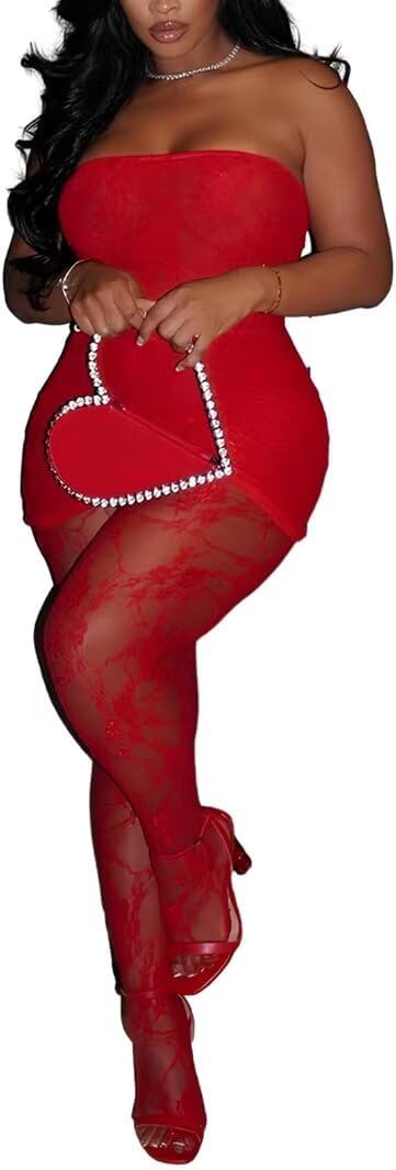 Kafiloe Women Sexy 3 Piece Lace Mini Dress Stocking Set Club Outfit | Birthday Club Outfits, Sexy Lace Mini Dress, Sheer Stockings, Gloves, Flattering Fit, Stretch Comfort for Party Going Out
