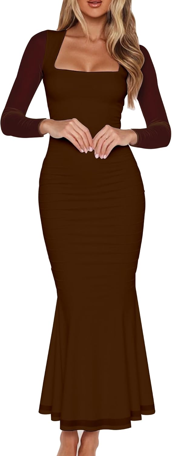 BORIFLORS Women's Ruched Bodycon Long Sleeve Wedding Guest Maxi Dress | Square Neck, Mesh,Winter, Elegant Trendy,Cocktail Party Long Dresses