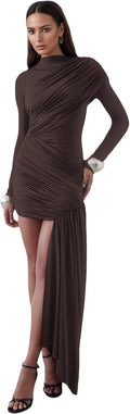 JUMISEE Women\u2019s Elegant Irregular Ruched Mini Dress Flowy Ribbon Bodycon Cocktail Dress Sexy Pleated Formal Dresses