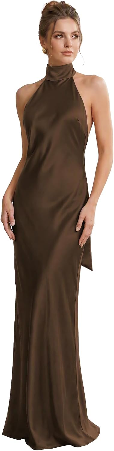 Froxima Women's Satin Halter Dress, High Neck Backless Maxi Formal Gown | Satin Wedding Guest Dress with Halter Neck for Formal Evenings, Cocktail Parties, Galas, Prom and Rehearsal Dinners