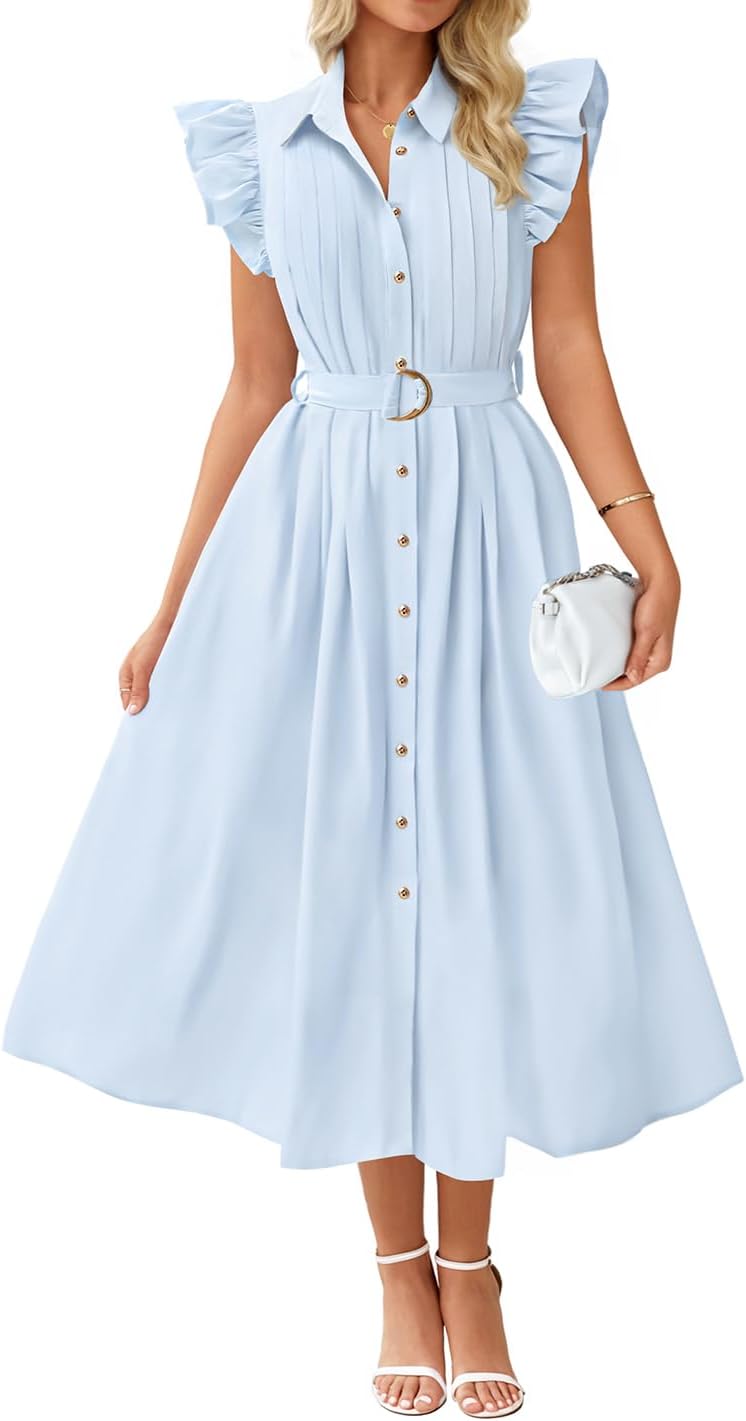 ZESICA Womens Summer Button Midi Dress Casual Work Dresses | Belted Dress,Button Down,Flutter Short Sleeve Dress with Pockets,Travel Vacation Dress,Business Casual Dress,Fashion Clothes