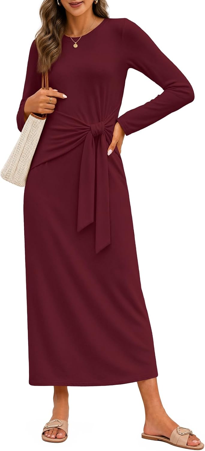 MEROKEETY Women's Fall Long Sleeve Casual T Shirt Work Maxi Dress | Tie Waist, Wrap, Crew Neck, Business Casual, Slim Fit, Long Dress, High Stretch, Fleece-Lined, 2026 Winter, Dressy Trendy