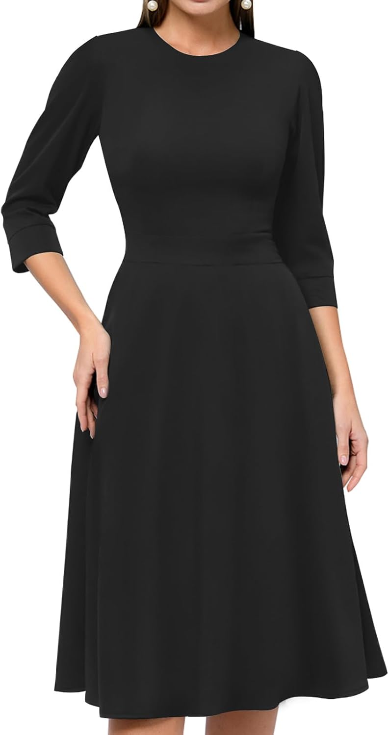 Simple Flavor Womens Floral Vintage Midi Dress 3\/4 Sleeve | with pockets, Fit and flare aline, Knee-length, Church, Semi-formal, Wedding guest, Retro tea party & derby outfits