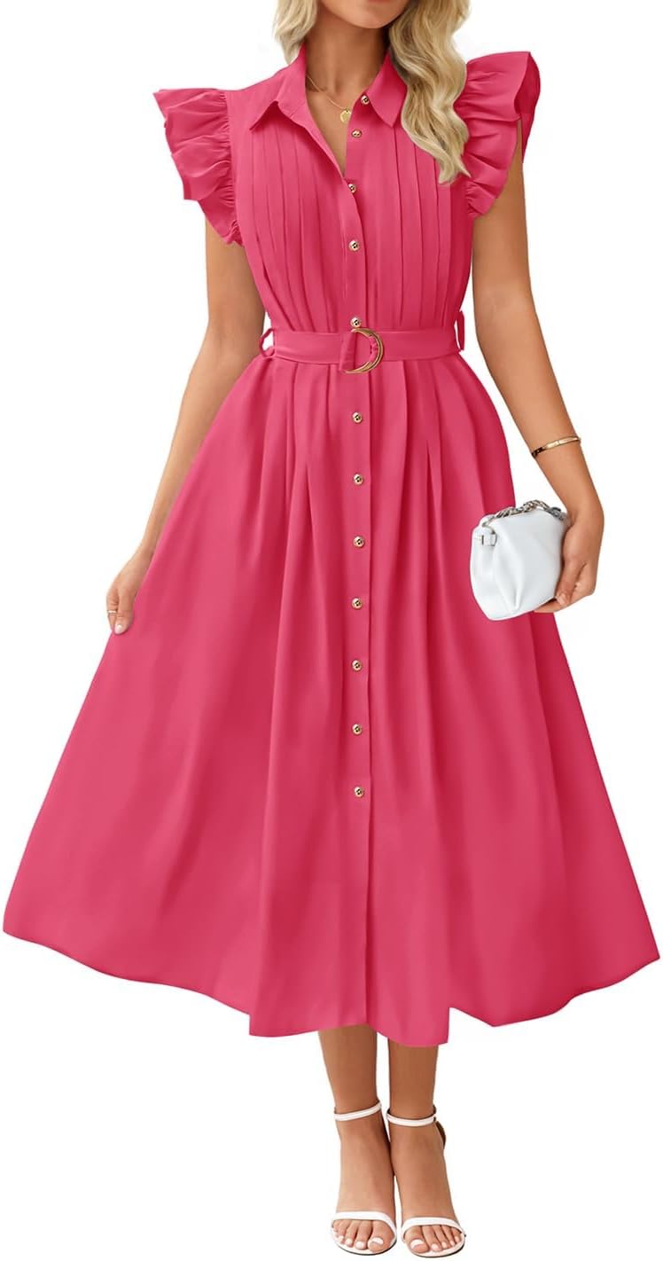 ZESICA Womens Summer Button Midi Dress Casual Work Dresses | Belted Dress,Button Down,Flutter Short Sleeve Dress with Pockets,Travel Vacation Dress,Business Casual Dress,Fashion Clothes