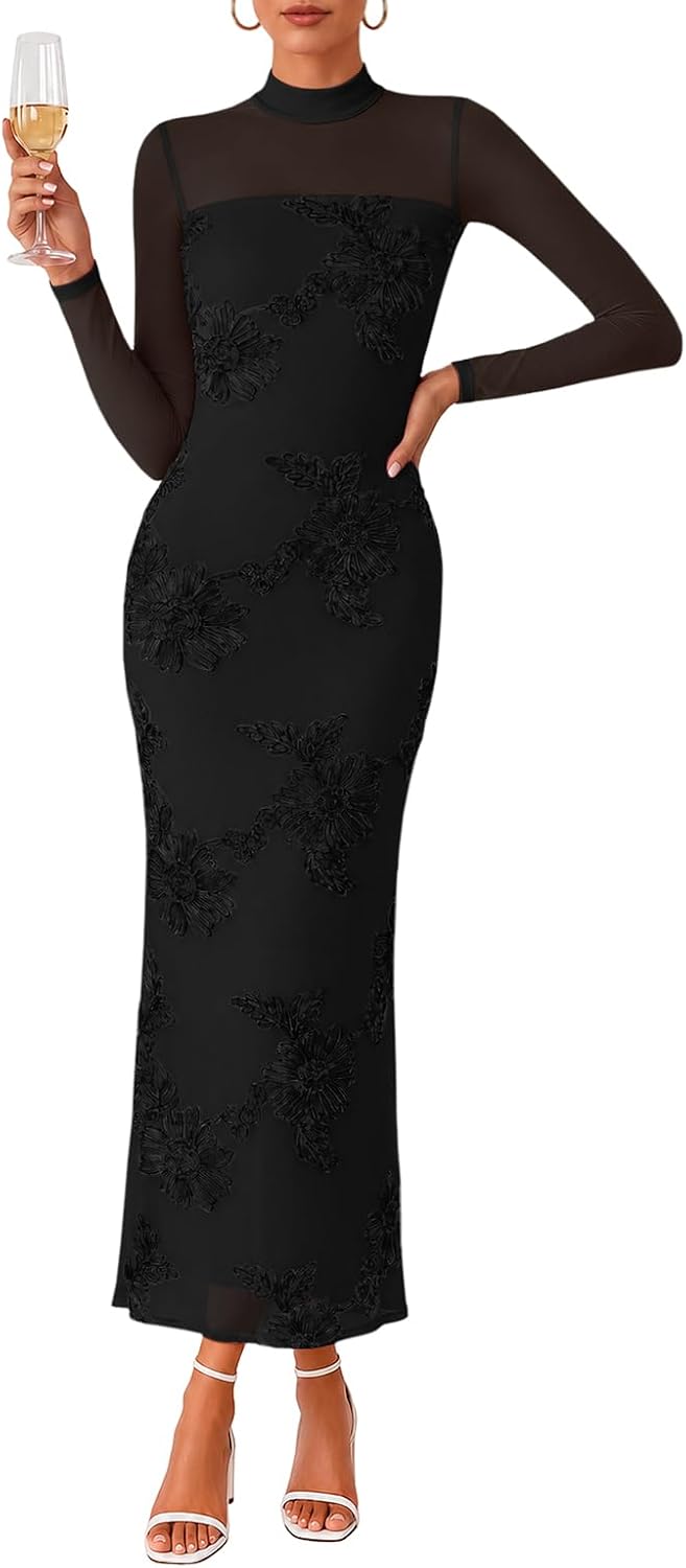 Lazysmile Women's Cocktail Long Sleeve Maxi Fall Wedding Guest Dress | Floral Mesh, Mock Neck Long Sleeve, Bodycon Maxi Dress, Semi Formal Dinner Dress, Wedding Guest Cocktail Party Dresses