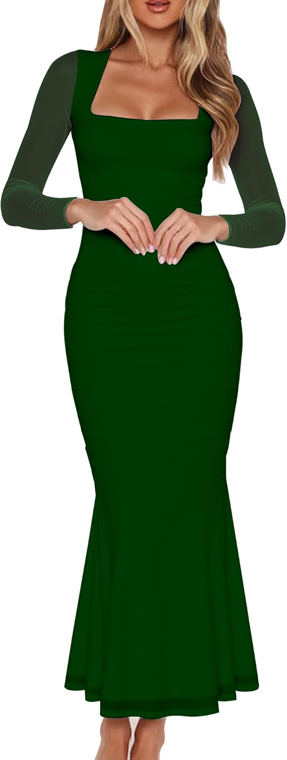 BORIFLORS Women's Ruched Bodycon Long Sleeve Wedding Guest Maxi Dress | Square Neck, Mesh,Winter, Elegant Trendy,Cocktail Party Long Dresses