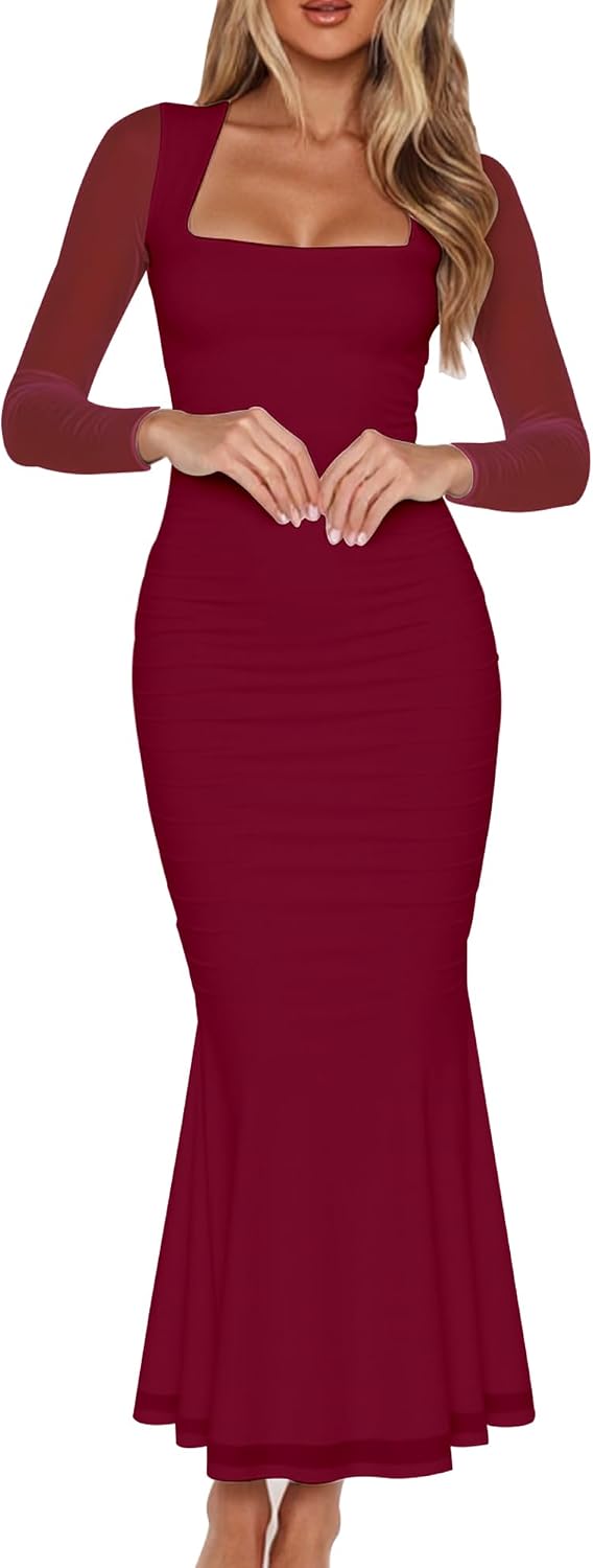 BORIFLORS Women's Ruched Bodycon Long Sleeve Wedding Guest Maxi Dress | Square Neck, Mesh,Winter, Elegant Trendy,Cocktail Party Long Dresses