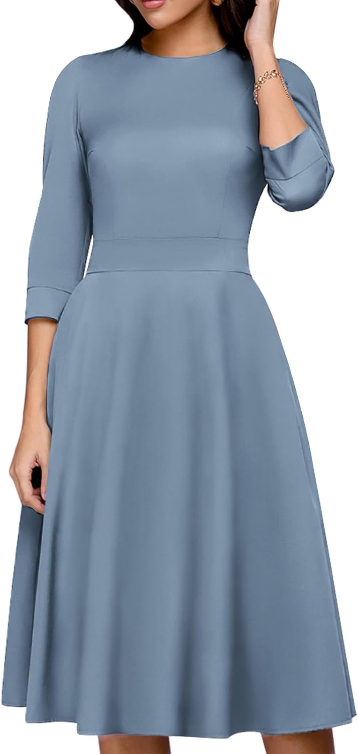 Simple Flavor Womens Floral Vintage Midi Dress 3\/4 Sleeve | with pockets, Fit and flare aline, Knee-length, Church, Semi-formal, Wedding guest, Retro tea party & derby outfits