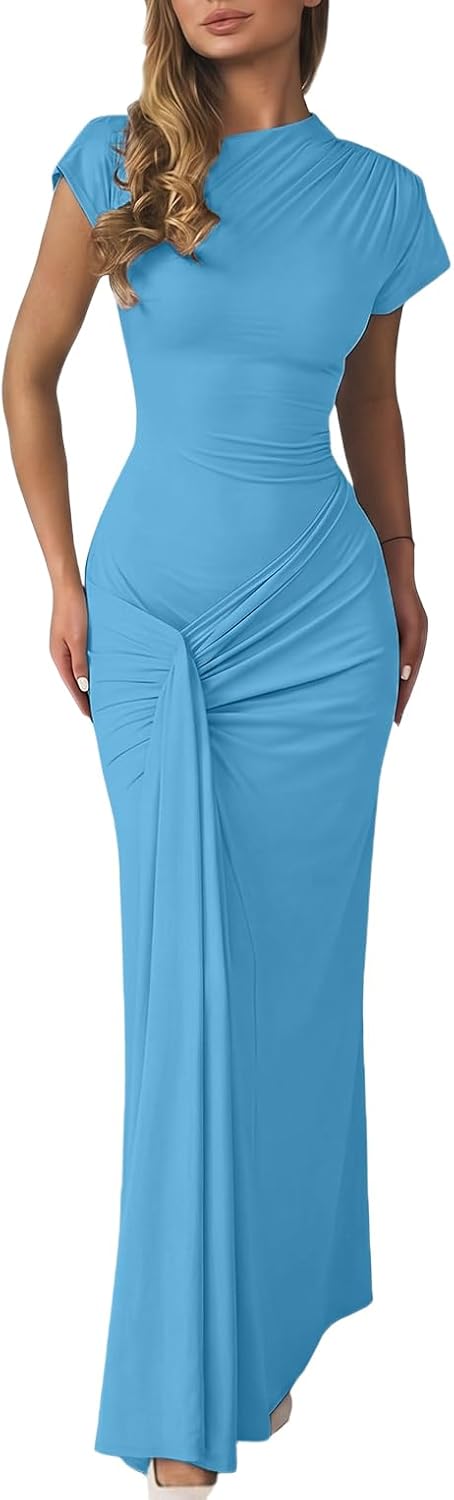 Mojessy Women Bodycon Maxi Dress Sexy Mock Neck Lace Up Bandage Ruched Short Sleeve Long Dress Cocktail Dress