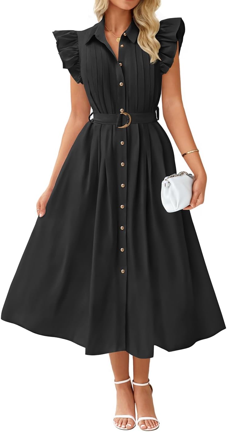 ZESICA Womens Summer Button Midi Dress Casual Work Dresses | Belted Dress,Button Down,Flutter Short Sleeve Dress with Pockets,Travel Vacation Dress,Business Casual Dress,Fashion Clothes