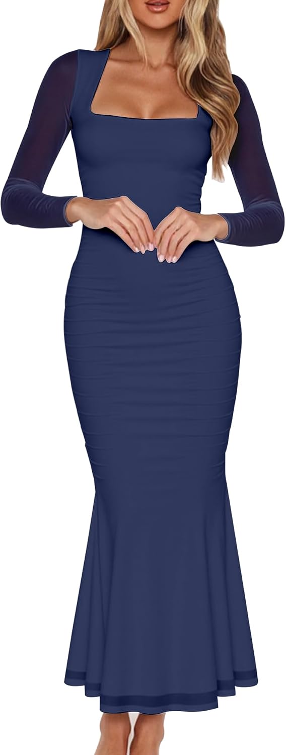 BORIFLORS Women's Ruched Bodycon Long Sleeve Wedding Guest Maxi Dress | Square Neck, Mesh,Winter, Elegant Trendy,Cocktail Party Long Dresses