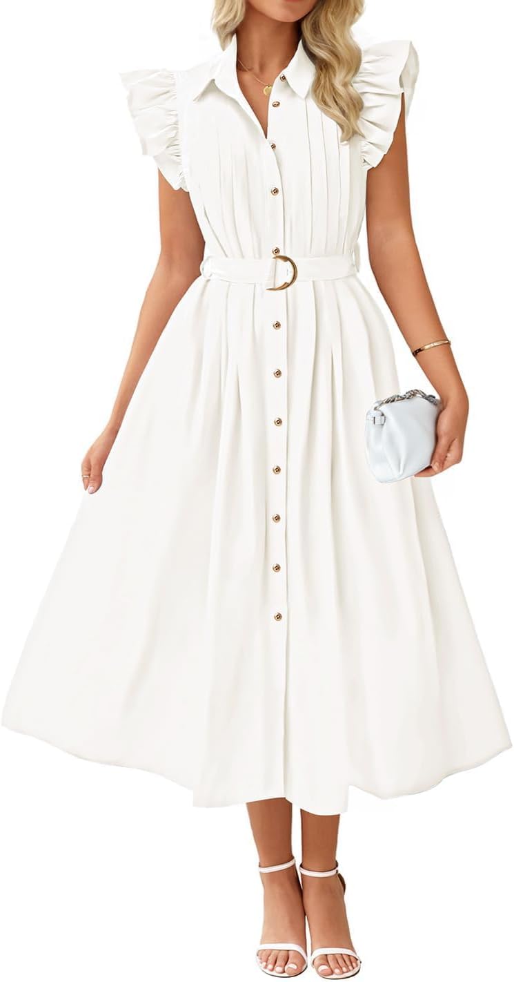ZESICA Womens Summer Button Midi Dress Casual Work Dresses | Belted Dress,Button Down,Flutter Short Sleeve Dress with Pockets,Travel Vacation Dress,Business Casual Dress,Fashion Clothes