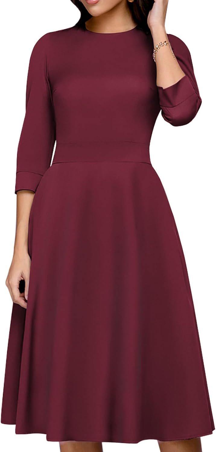 Simple Flavor Womens Floral Vintage Midi Dress 3\/4 Sleeve | with pockets, Fit and flare aline, Knee-length, Church, Semi-formal, Wedding guest, Retro tea party & derby outfits