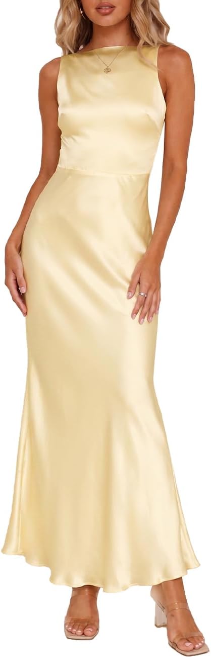 FULLVEB Summer Backless Satin Maxi Dresses for Women 2026 Formal | Silk,Sleeveless,Open Back,Spaghetti Strap,Wedding Guest,Elegant,Cowl Back, Cocktail,Low Back,Midi