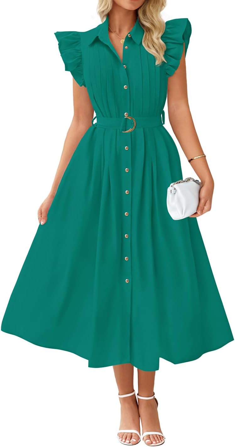 ZESICA Womens Summer Button Midi Dress Casual Work Dresses | Belted Dress,Button Down,Flutter Short Sleeve Dress with Pockets,Travel Vacation Dress,Business Casual Dress,Fashion Clothes