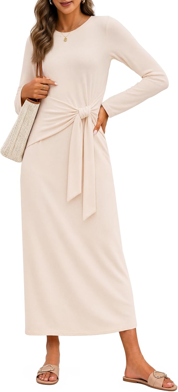 MEROKEETY Women's Fall Long Sleeve Casual T Shirt Work Maxi Dress | Tie Waist, Wrap, Crew Neck, Business Casual, Slim Fit, Long Dress, High Stretch, Fleece-Lined, 2026 Winter, Dressy Trendy