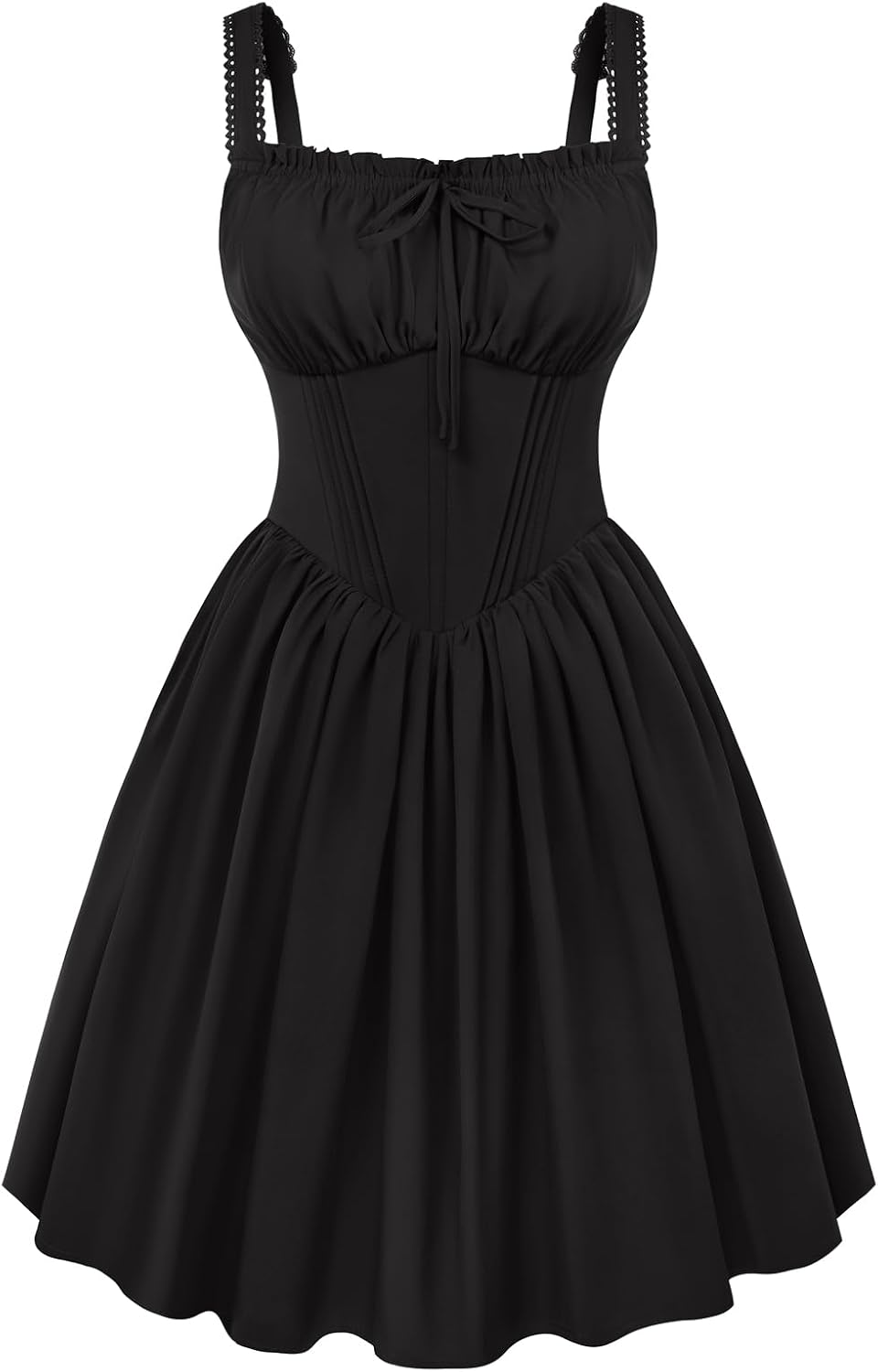 Scarlet Darkness Corset Mini Dress Adjustable Straps Sundress with Pockets | Adjustable Strap, Fixed Front Bow, Boned Corset Waist, Lacing Smocked Back, Zip, Pocket. For Daily, Club & Halloween Cosplay