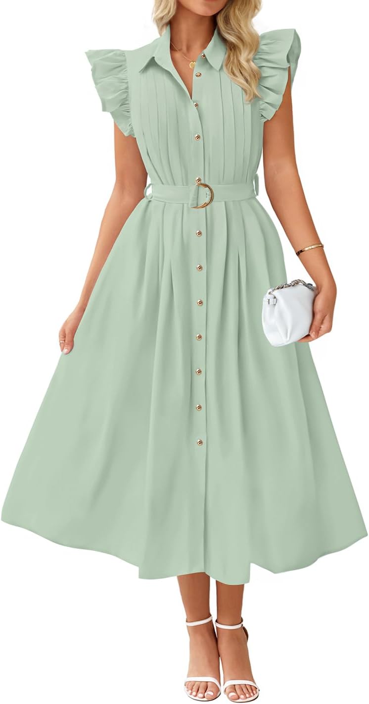ZESICA Womens Summer Button Midi Dress Casual Work Dresses | Belted Dress,Button Down,Flutter Short Sleeve Dress with Pockets,Travel Vacation Dress,Business Casual Dress,Fashion Clothes