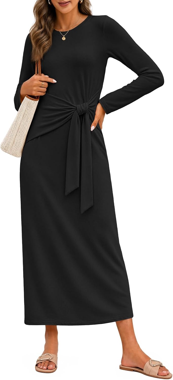 MEROKEETY Women's Fall Long Sleeve Casual T Shirt Work Maxi Dress | Tie Waist, Wrap, Crew Neck, Business Casual, Slim Fit, Long Dress, High Stretch, Fleece-Lined, 2026 Winter, Dressy Trendy