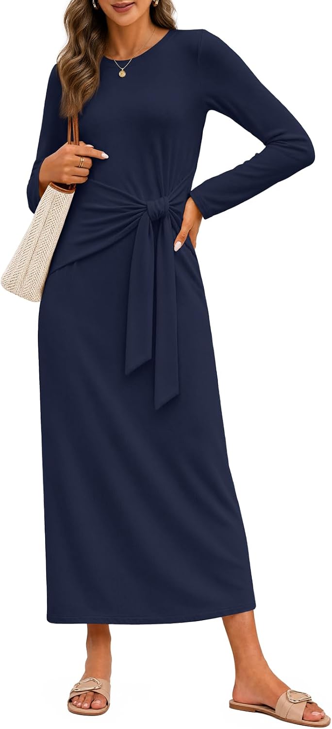 MEROKEETY Women's Fall Long Sleeve Casual T Shirt Work Maxi Dress | Tie Waist, Wrap, Crew Neck, Business Casual, Slim Fit, Long Dress, High Stretch, Fleece-Lined, 2026 Winter, Dressy Trendy