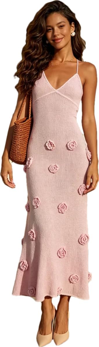 Women's Knit Maxi Dress Spaghetti Strap Floral Dresses Bodycon Knitted Beach Long Dress Backless Swim Cover up Dresses
