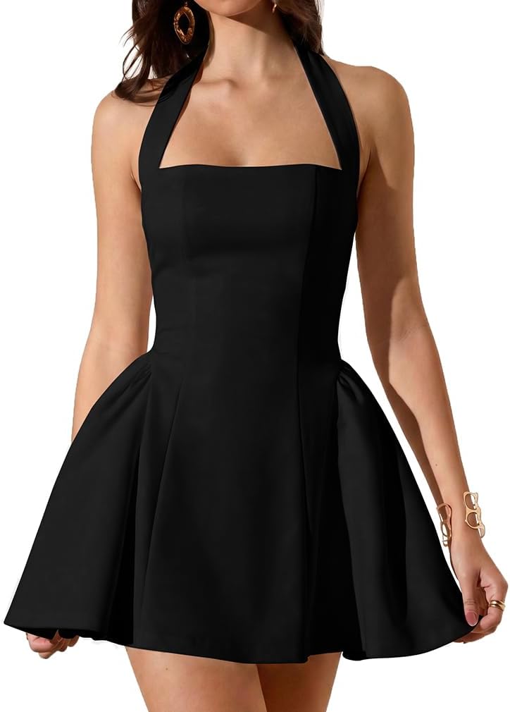 LAGSHIAN Women's Classy Halter Sleeveless Fit and Flare Mini Dress | Sexy Square Neck A-line Homecoming Short Dresses,Summer Cocktail Party,Stretchy,Graduation,Bridal Shower