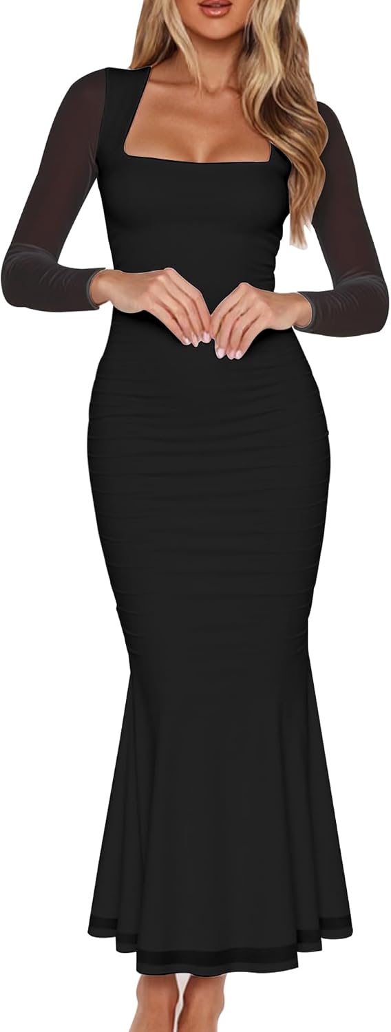 BORIFLORS Women's Ruched Bodycon Long Sleeve Wedding Guest Maxi Dress | Square Neck, Mesh,Winter, Elegant Trendy,Cocktail Party Long Dresses