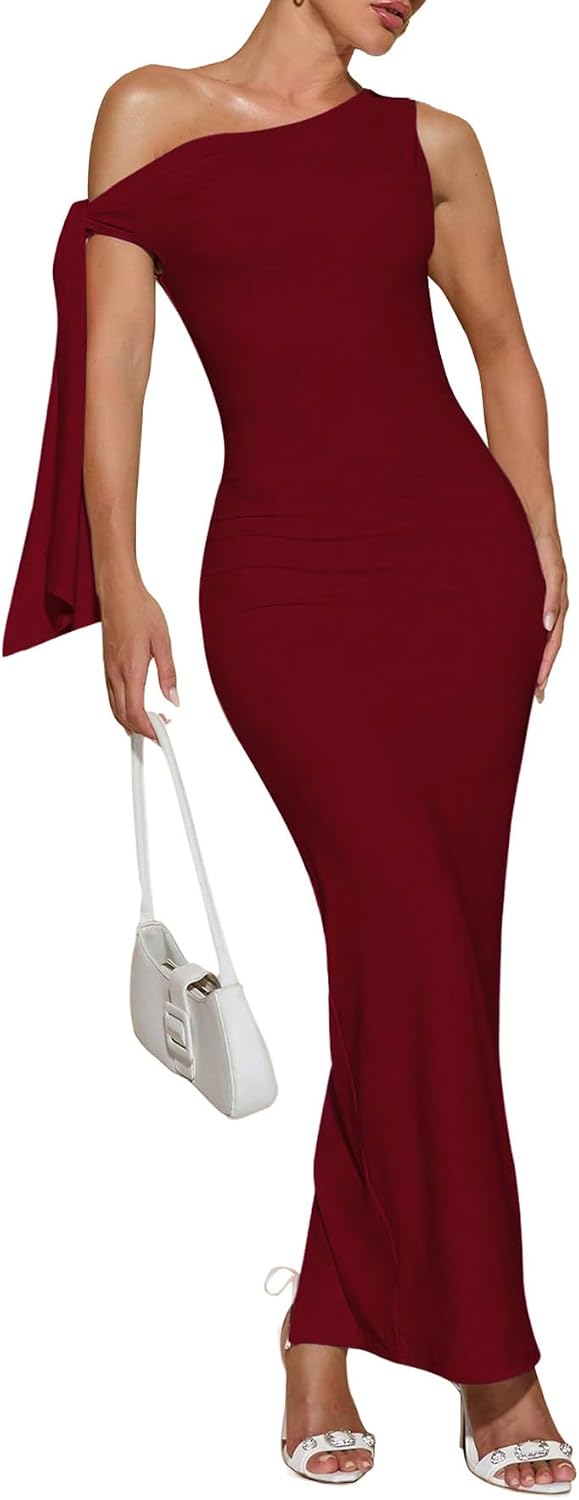 Narecte Women's Cocktail Dresses Summer One Shoulder Asymmetrical Tie Bodycon Dress Elegant Formal Wedding Guest Dress