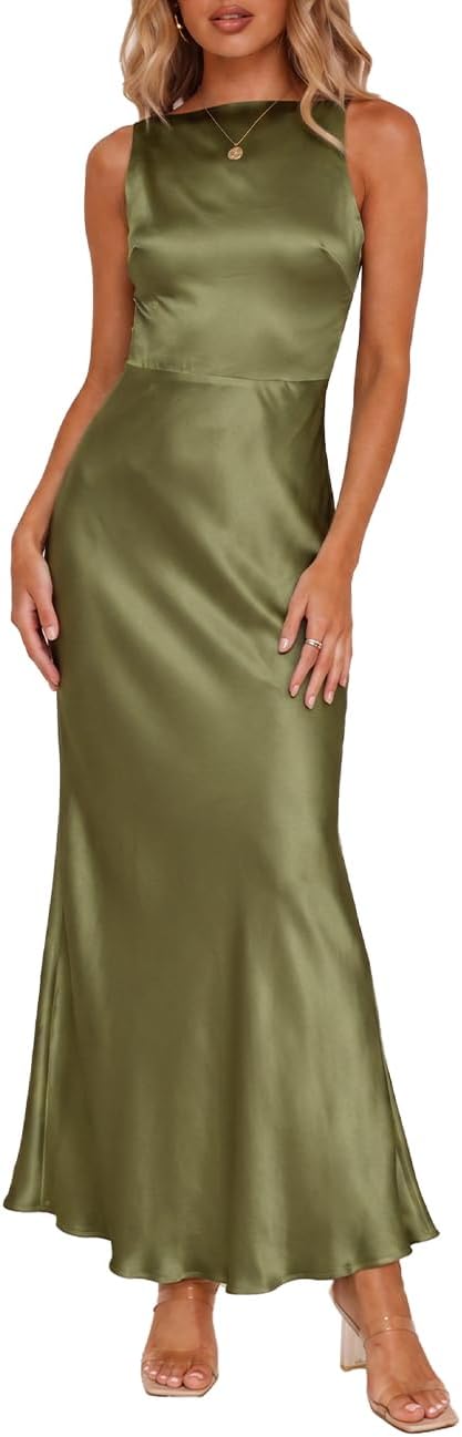 FULLVEB Summer Backless Satin Maxi Dresses for Women 2026 Formal | Silk,Sleeveless,Open Back,Spaghetti Strap,Wedding Guest,Elegant,Cowl Back, Cocktail,Low Back,Midi