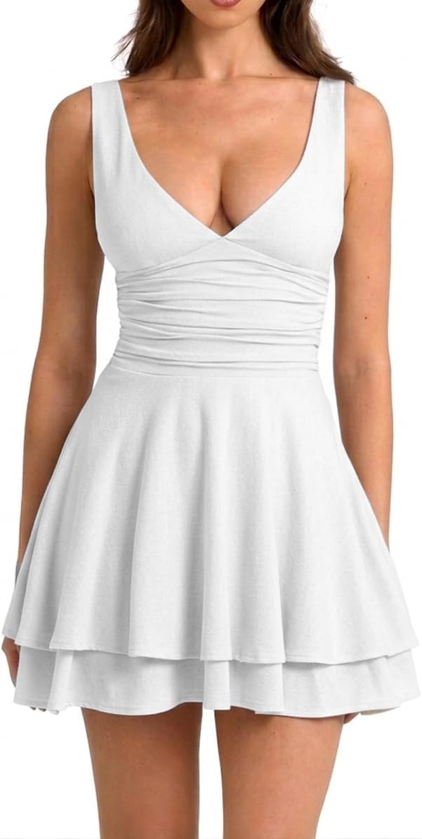 eoeoo Women's Sexy Ruched V Neck Sleeveless Ruffle Mini Party Tank Dress
