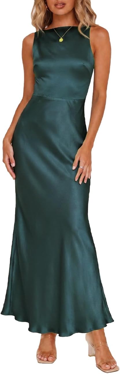 FULLVEB Summer Backless Satin Maxi Dresses for Women 2026 Formal | Silk,Sleeveless,Open Back,Spaghetti Strap,Wedding Guest,Elegant,Cowl Back, Cocktail,Low Back,Midi