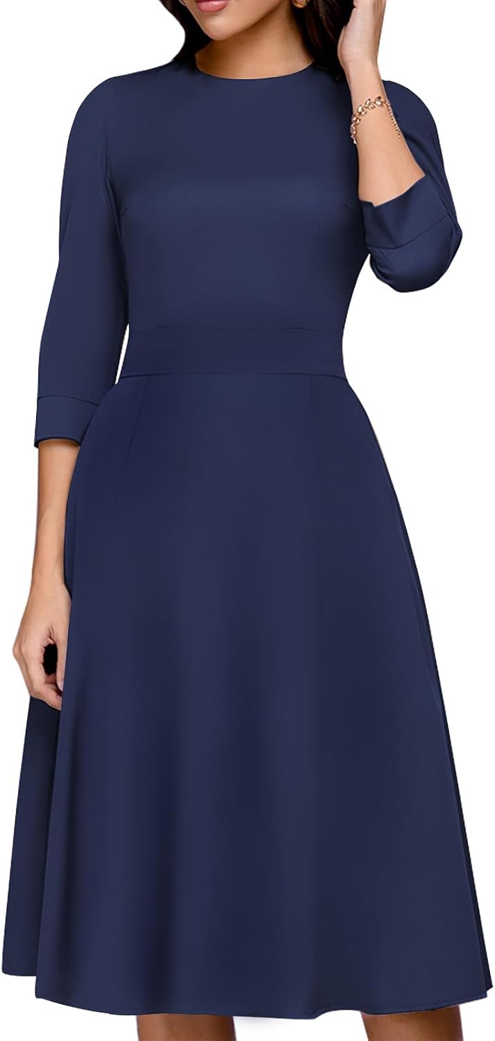 Simple Flavor Womens Floral Vintage Midi Dress 3\/4 Sleeve | with pockets, Fit and flare aline, Knee-length, Church, Semi-formal, Wedding guest, Retro tea party & derby outfits