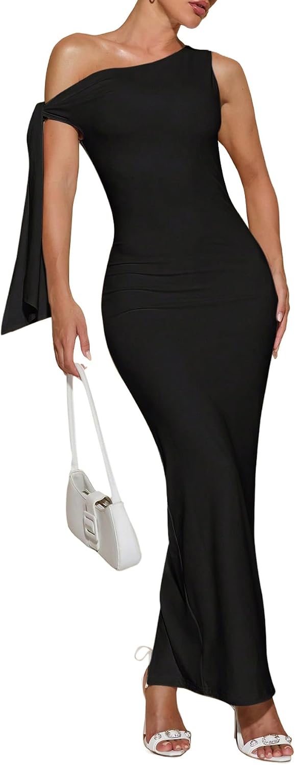 Narecte Women's Cocktail Dresses Summer One Shoulder Asymmetrical Tie Bodycon Dress Elegant Formal Wedding Guest Dress