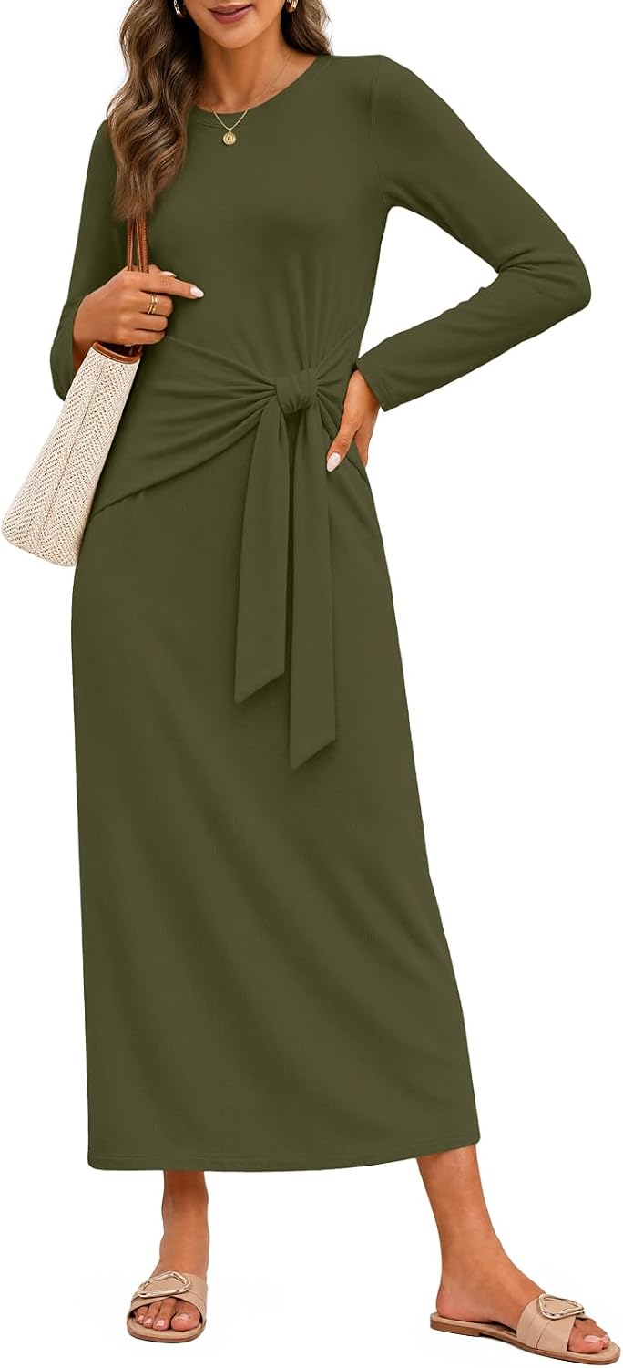 MEROKEETY Women's Fall Long Sleeve Casual T Shirt Work Maxi Dress | Tie Waist, Wrap, Crew Neck, Business Casual, Slim Fit, Long Dress, High Stretch, Fleece-Lined, 2026 Winter, Dressy Trendy