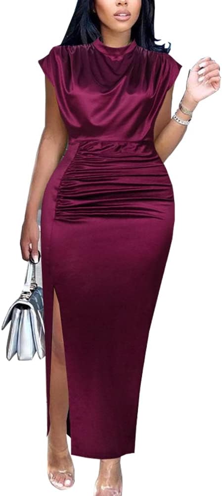 AOMEI Women's Cap Sleeve High Waist Ruched Slit Slim Elegant Long Satin Formal Dress
