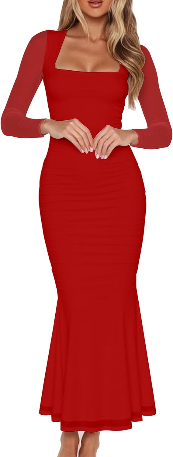 BORIFLORS Women's Ruched Bodycon Long Sleeve Wedding Guest Maxi Dress | Square Neck, Mesh,Winter, Elegant Trendy,Cocktail Party Long Dresses