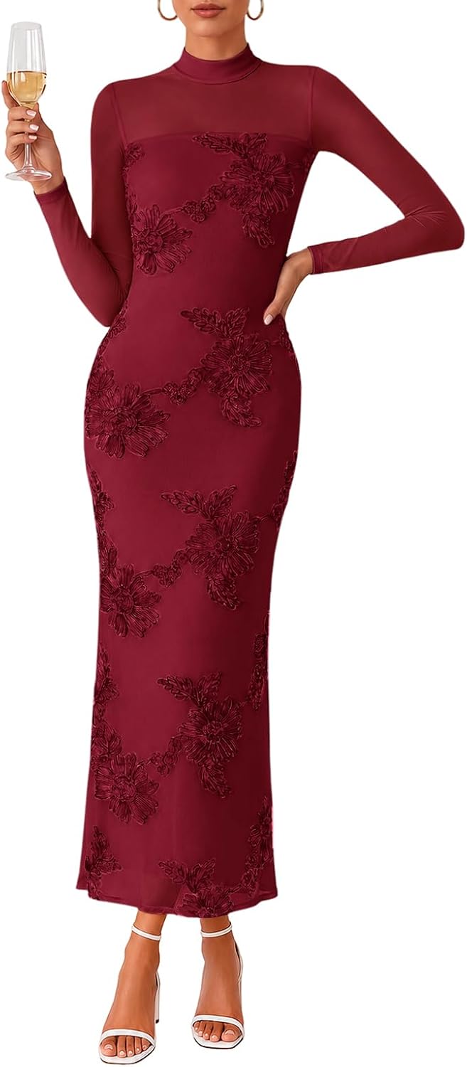 Lazysmile Women's Cocktail Long Sleeve Maxi Fall Wedding Guest Dress | Floral Mesh, Mock Neck Long Sleeve, Bodycon Maxi Dress, Semi Formal Dinner Dress, Wedding Guest Cocktail Party Dresses