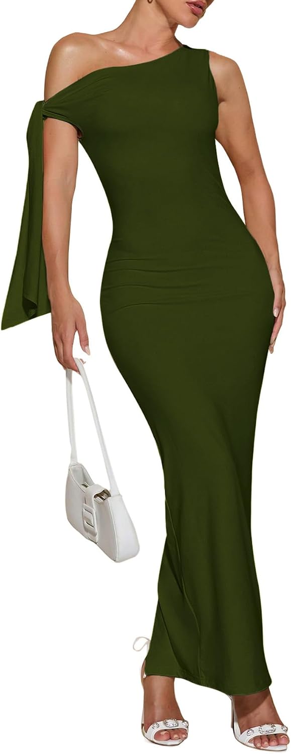 Narecte Women's Cocktail Dresses Summer One Shoulder Asymmetrical Tie Bodycon Dress Elegant Formal Wedding Guest Dress