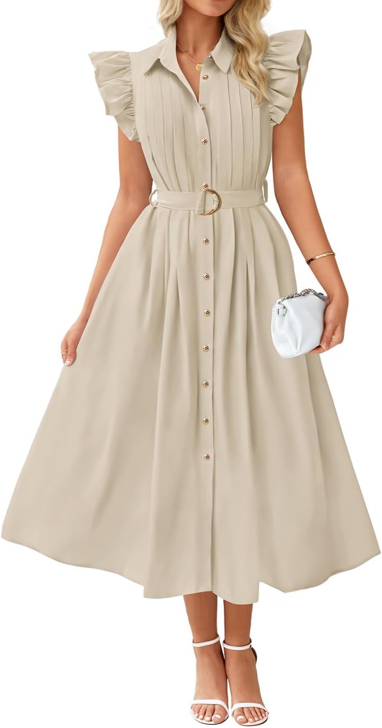 ZESICA Womens Summer Button Midi Dress Casual Work Dresses | Belted Dress,Button Down,Flutter Short Sleeve Dress with Pockets,Travel Vacation Dress,Business Casual Dress,Fashion Clothes